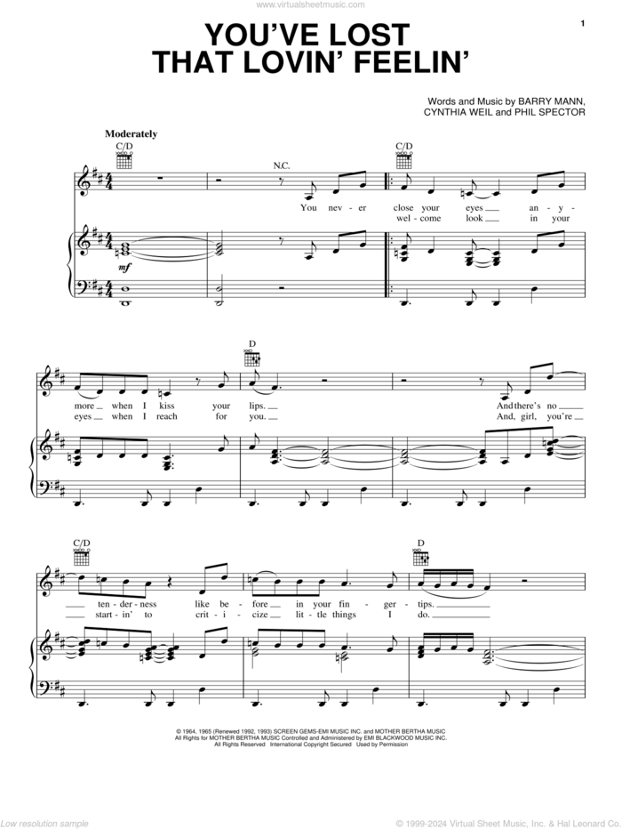 You've Lost That Lovin' Feelin' sheet music for voice, piano or guitar by Barry Mann, Daryl Hall, Hall and Oates, John Oates and Cynthia Weil, intermediate skill level