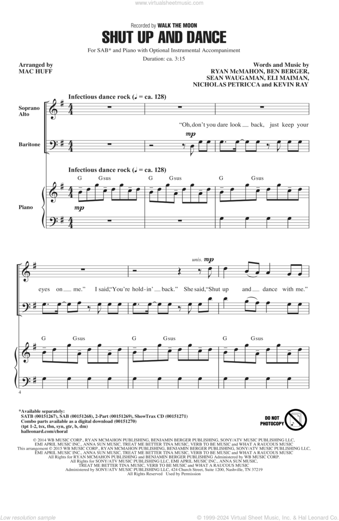 Shut Up And Dance (arr. Mac Huff) sheet music for choir (SAB: soprano, alto, bass) by Mac Huff, Walk The Moon, Ben Berger, Eli Maiman, Kevin Ray, Nicholas Petricca, Ryan McMahon and Sean Waugaman, intermediate skill level