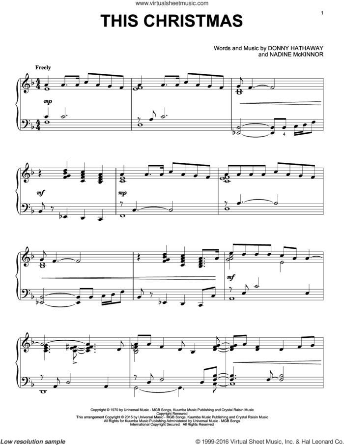 This Christmas, (intermediate) sheet music for piano solo by Donny Hathaway and Nadine McKinnor, intermediate skill level