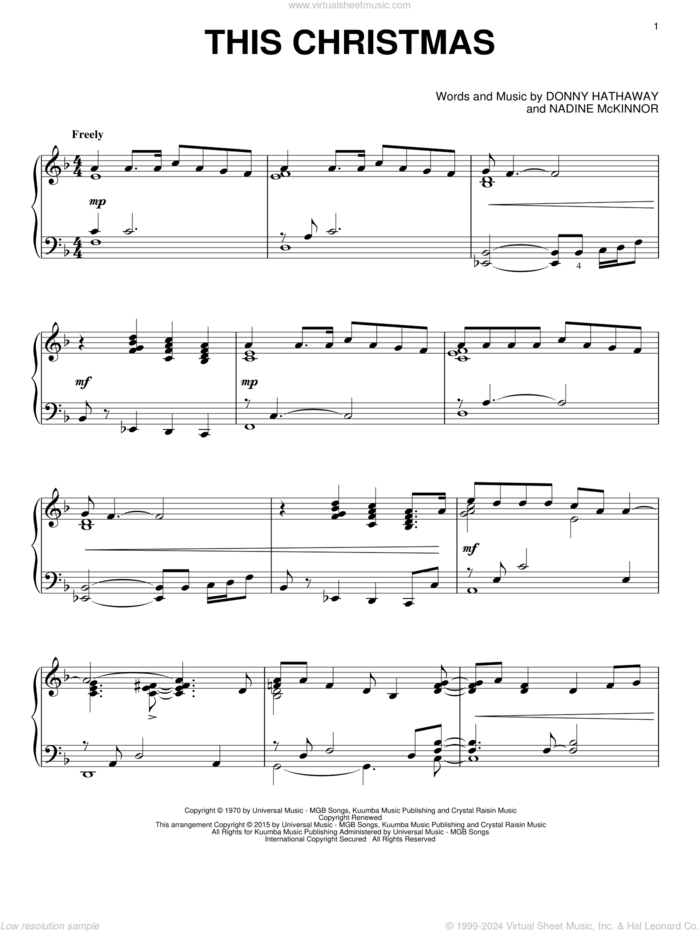 This Christmas, (intermediate) sheet music for piano solo by Donny Hathaway and Nadine McKinnor, intermediate skill level