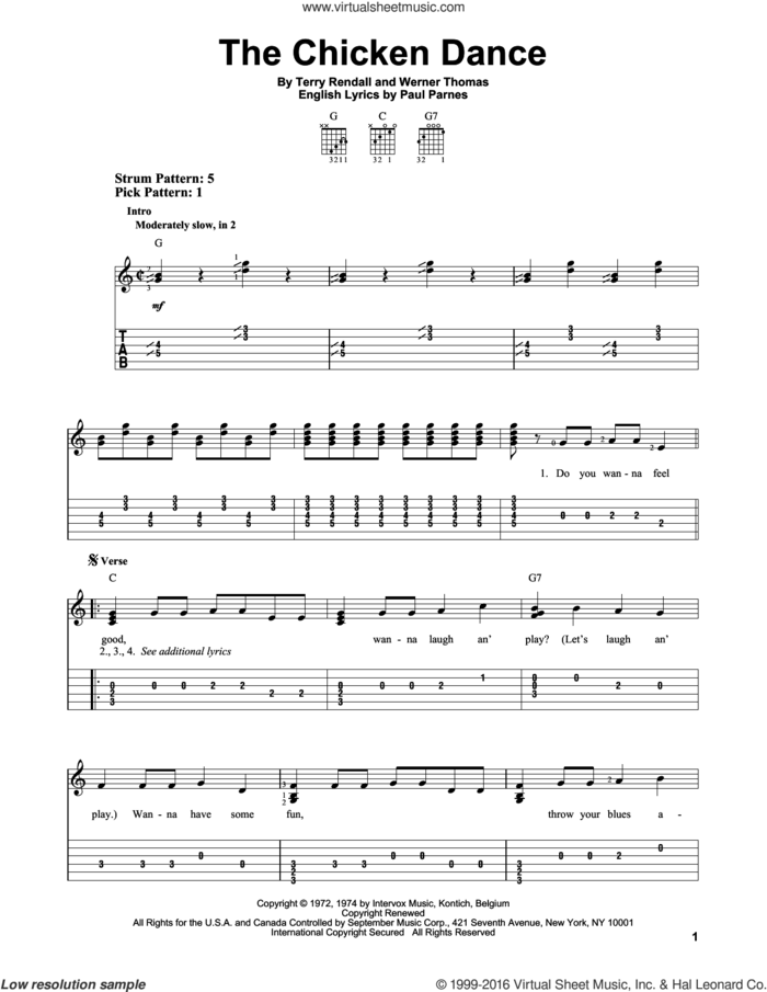 The Chicken Dance sheet music for guitar solo (easy tablature) by Terry Rendall, Paul Parnes and Werner Thomas, wedding score, easy guitar (easy tablature)