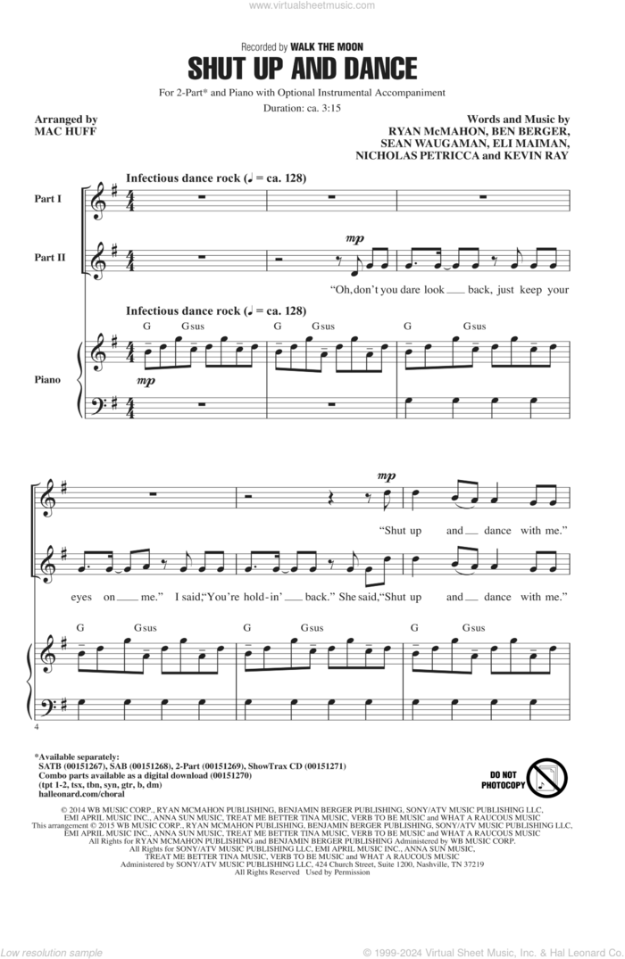 Shut Up And Dance (arr. Mac Huff) sheet music for choir (2-Part) by Mac Huff, Walk The Moon, Ben Berger, Eli Maiman, Kevin Ray, Nicholas Petricca, Ryan McMahon and Sean Waugaman, intermediate duet