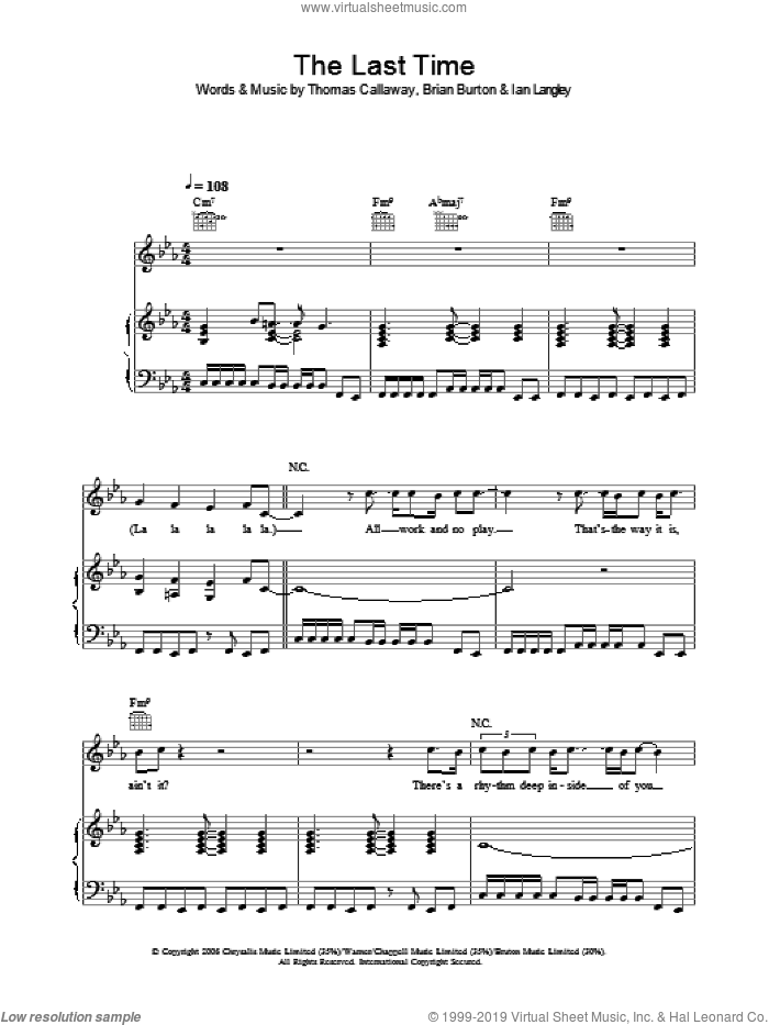 The Last Time sheet music for voice, piano or guitar by Gnarls Barkley, Brian Burton, Ian Langley and Thomas Callaway, intermediate skill level
