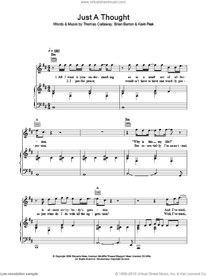 Just A Thought sheet music for voice, piano or guitar by Gnarls Barkley, Brian Burton, Kevin Peek and Thomas Callaway, intermediate skill level