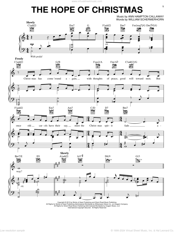 The Hope Of Christmas sheet music for voice, piano or guitar by Ann Hampton Callaway and William Schermerhorn, intermediate skill level