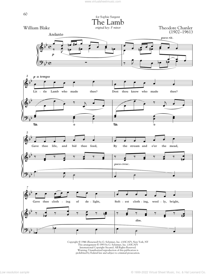The Lamb sheet music for voice and piano (High Voice) by Theodore Chanler, Richard Walters and William Blake, classical score, intermediate skill level