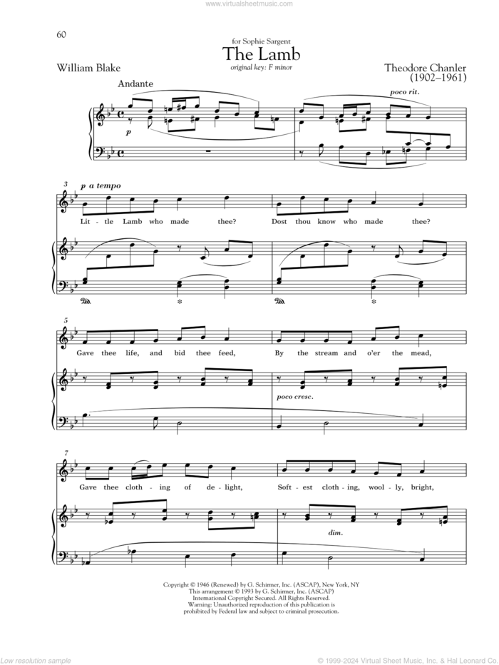 The Lamb sheet music for voice and piano (High Voice) by Theodore Chanler, Richard Walters and William Blake, classical score, intermediate skill level