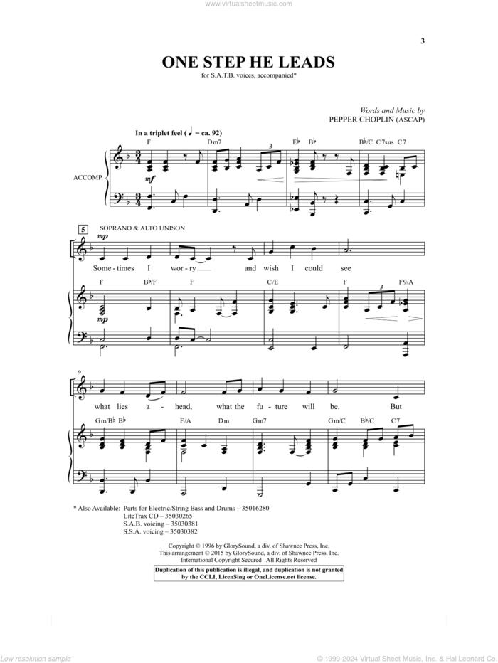 One Step He Leads sheet music for choir (SATB: soprano, alto, tenor, bass) by Pepper Choplin, intermediate skill level
