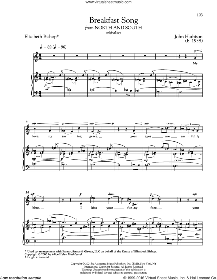 Breakfast Song sheet music for voice and piano (High Voice) by John Harbison, Richard Walters and Elizabeth Bishop, classical score, intermediate skill level