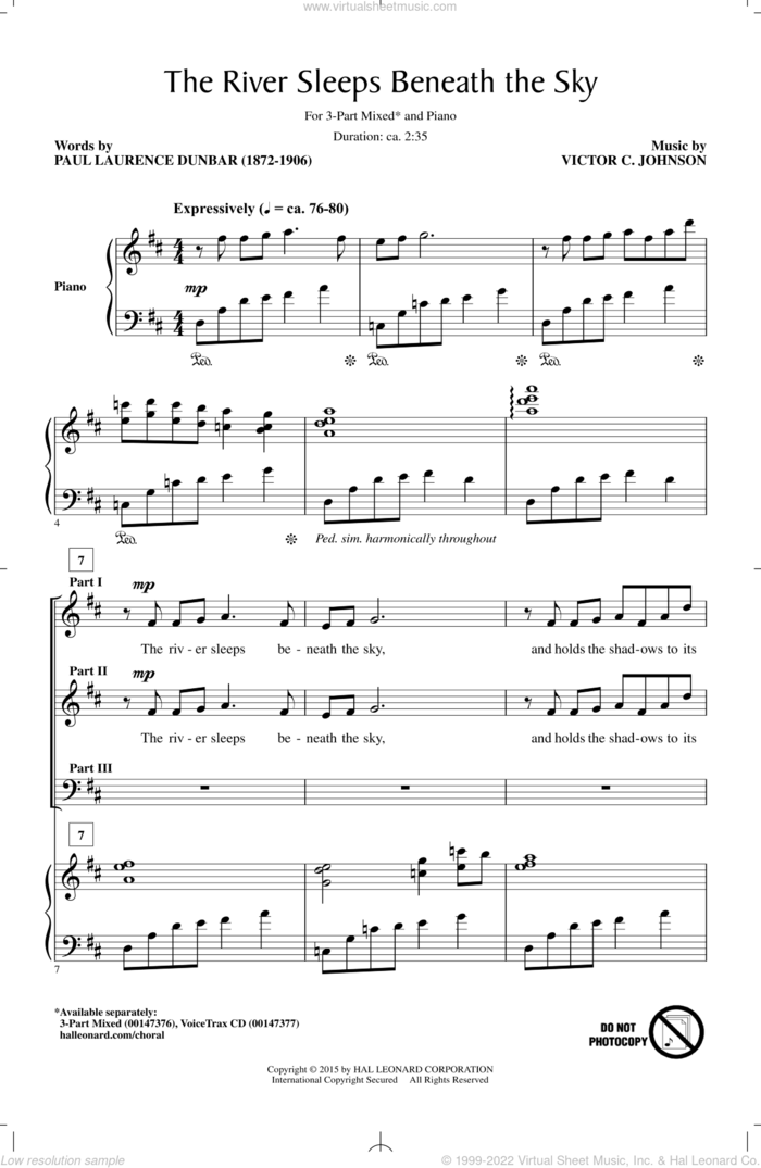 The River Sleeps Beneath The Sky sheet music for choir (3-Part Mixed) by Victor Johnson and Paul Lawrence Dunbar, intermediate skill level