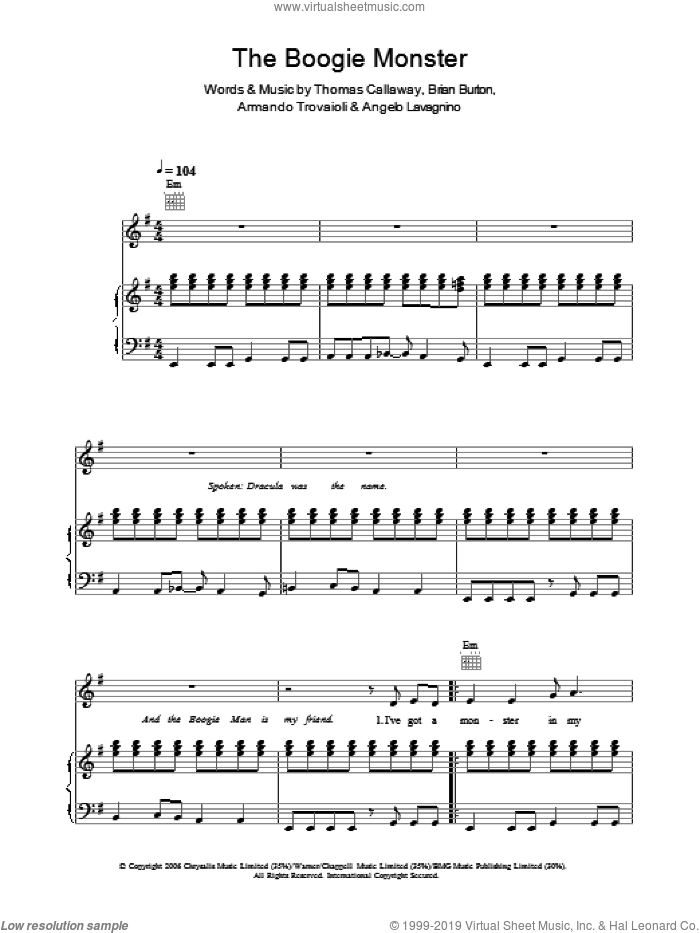 The Boogie Monster sheet music for voice, piano or guitar by Gnarls Barkley, Angelo Lavagnino, Armando Trovaioli, Brian Burton and Thomas Callaway, intermediate skill level