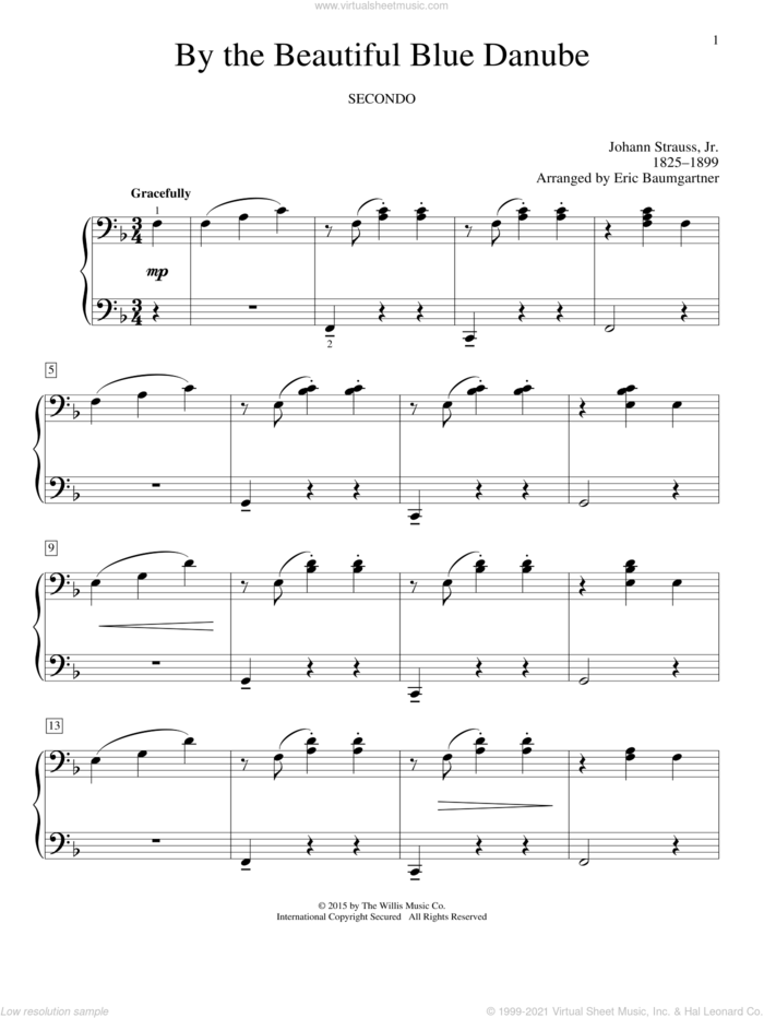 By The Beautiful Blue Danube sheet music for piano four hands by Johann Strauss, Jr., Carolyn Miller, Eric Baumgartner and Glenda Austin, classical score, intermediate skill level