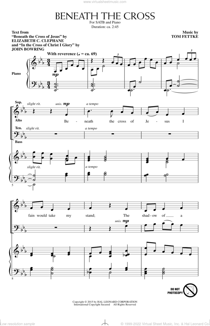 Beneath The Cross sheet music for choir (SATB: soprano, alto, tenor, bass) by Tom Fettke, Elizabeth C. Clephane and John Bowring, intermediate skill level