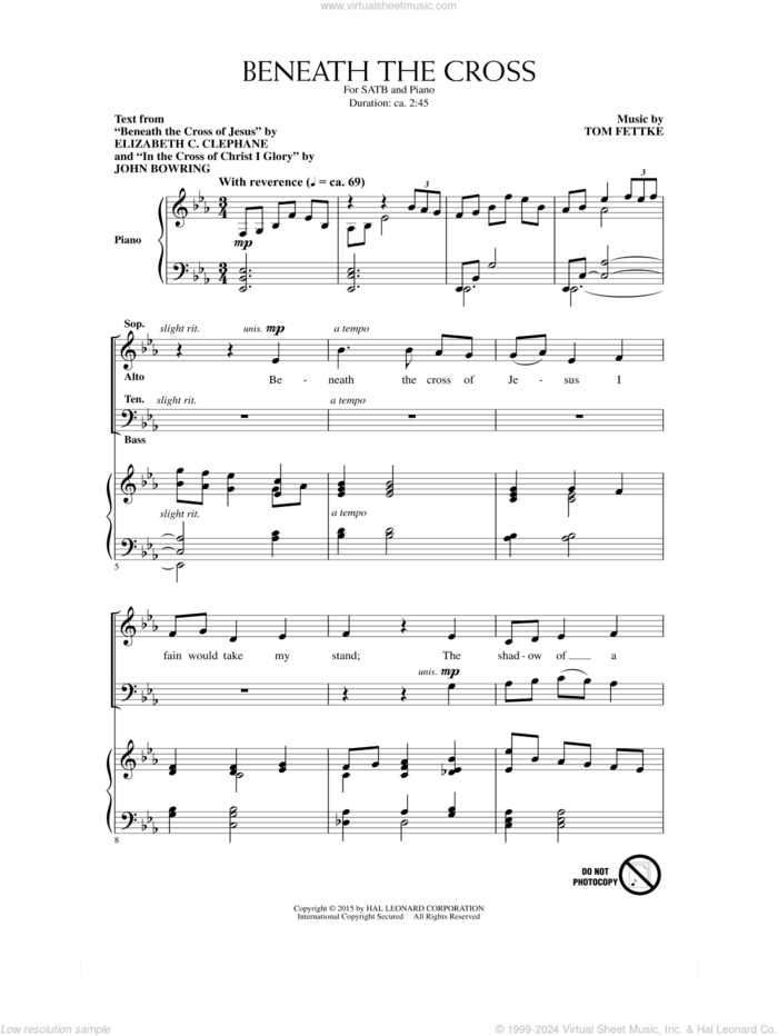 Beneath The Cross sheet music for choir (SATB: soprano, alto, tenor, bass) by Tom Fettke, Elizabeth C. Clephane and John Bowring, intermediate skill level