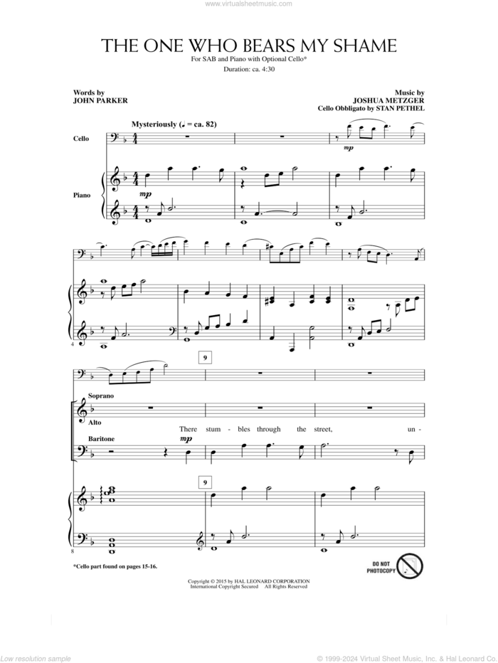 The One Who Bears My Shame sheet music for choir (SAB: soprano, alto, bass) by John Parker and Joshua Metzger, intermediate skill level