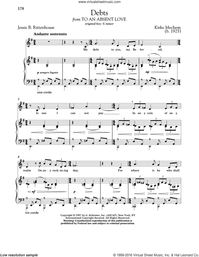 Debts sheet music for voice and piano (Low Voice) by Jessie B. Rittenhouse, Richard Walters and Kirke Mechem, classical score, intermediate skill level