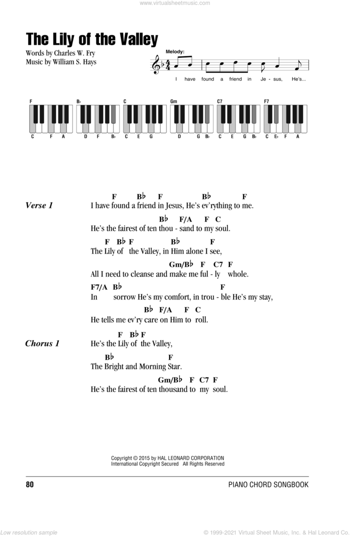 The Lily Of The Valley sheet music for piano solo (chords, lyrics, melody) by William S. Hays and Charles W. Fry, intermediate piano (chords, lyrics, melody)