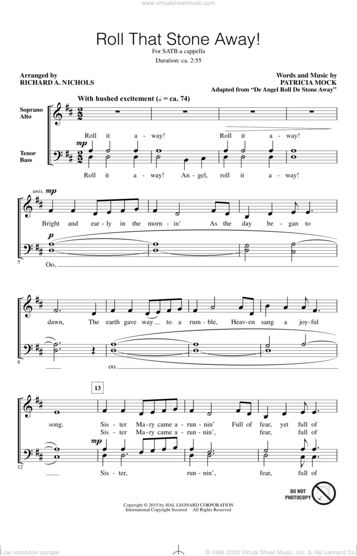 Roll That Stone Away! sheet music for choir (SATB: soprano, alto, tenor, bass) by Patricia Mock and Richard Nichols, intermediate skill level