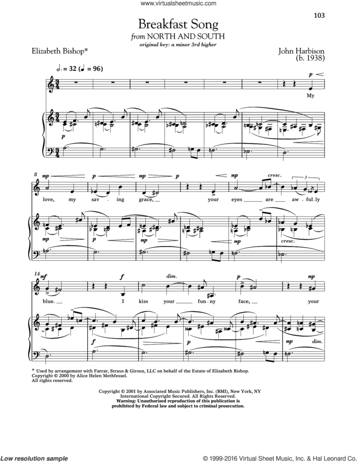 Breakfast Song sheet music for voice and piano (Low Voice) by John Harbison, Richard Walters and Elizabeth Bishop, classical score, intermediate skill level