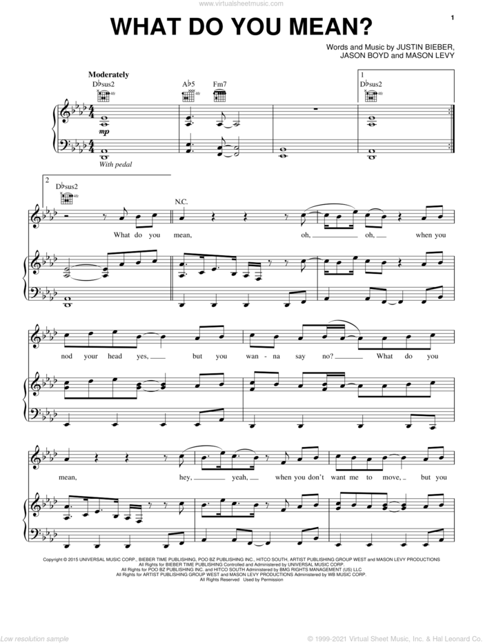 What Do You Mean? sheet music for voice, piano or guitar by Justin Bieber, Jason Boyd and Mason Levy, intermediate skill level