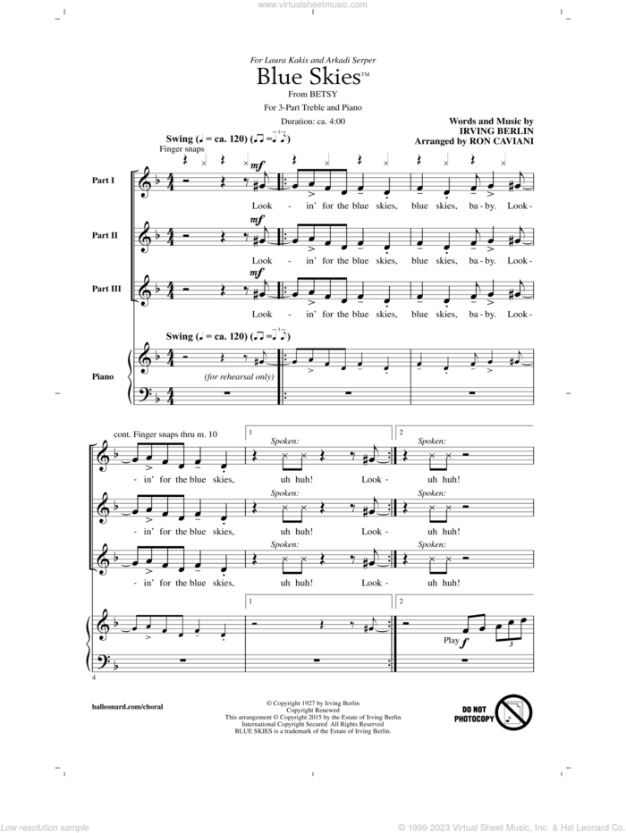 Blue Skies sheet music for choir (3-Part Treble) by Irving Berlin, Ron Caviani and Willie Nelson, intermediate skill level
