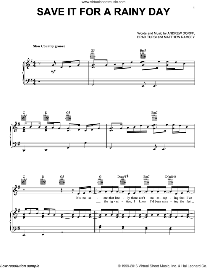Save It For A Rainy Day sheet music for voice, piano or guitar by Kenny Chesney, Andrew Dorff, Brad Tursi and Matthew Ramsey, intermediate skill level