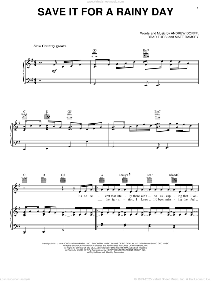 Save It For A Rainy Day sheet music for voice, piano or guitar by Kenny Chesney, Andrew Dorff, Brad Tursi and Matthew Ramsey, intermediate skill level