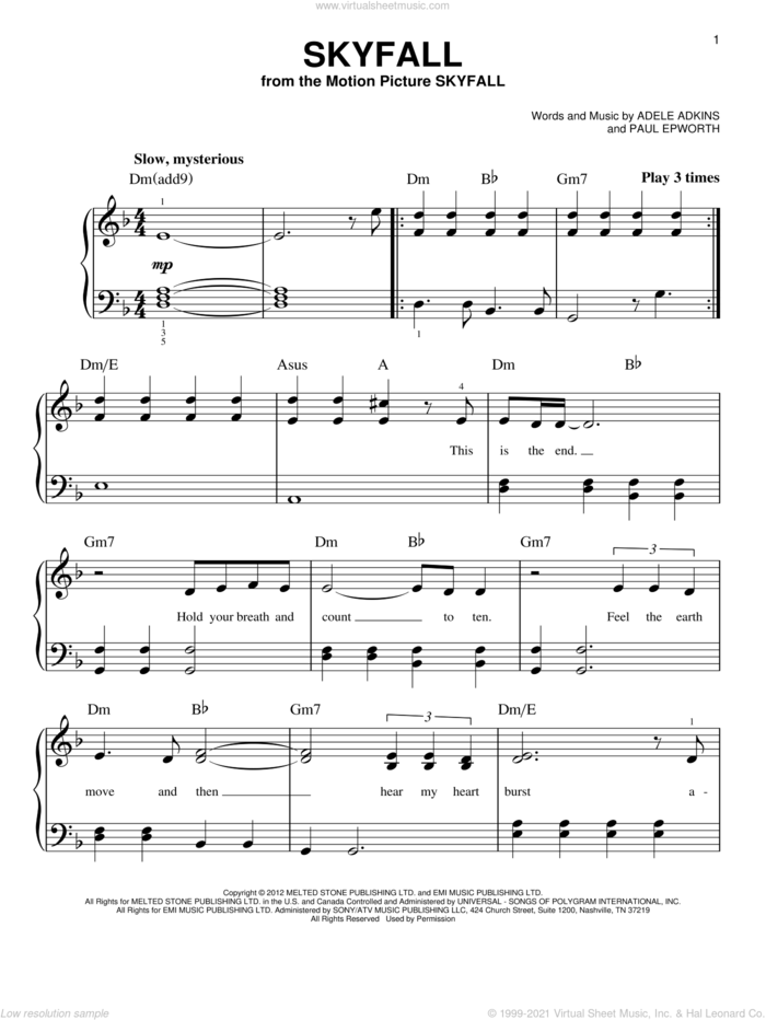 Skyfall, (beginner) sheet music for piano solo by Adele, Adele Adkins and Paul Epworth, beginner skill level
