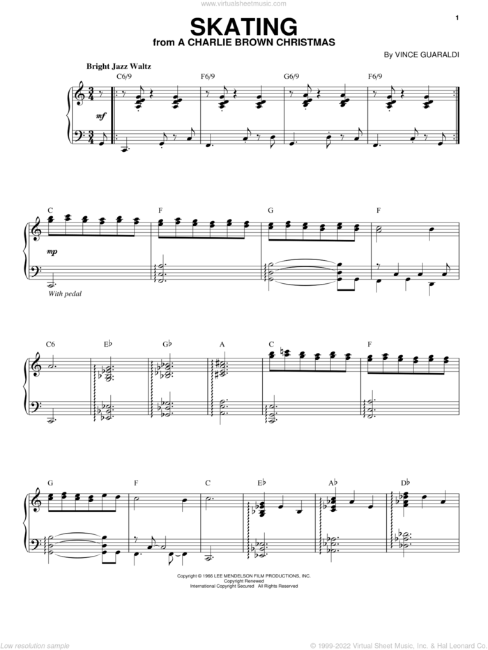 Skating sheet music for voice, piano or guitar by Vince Guaraldi, intermediate skill level
