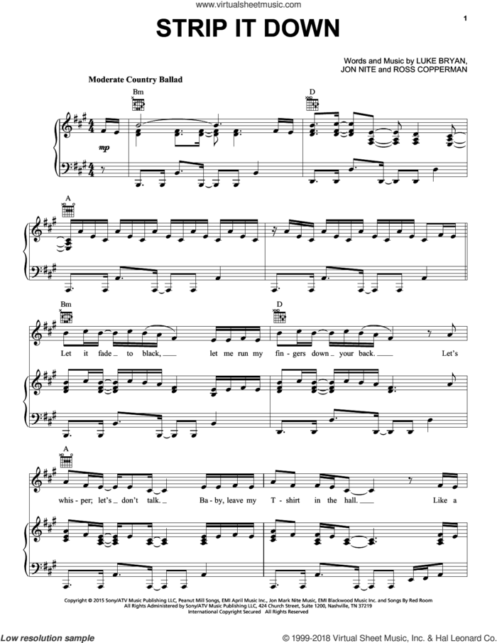 Strip It Down sheet music for voice, piano or guitar by Luke Bryan, Jon Nite and Ross Copperman, intermediate skill level