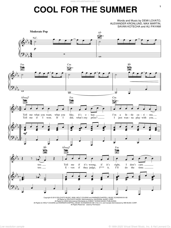 Cool For The Summer sheet music for voice, piano or guitar by Demi Lovato, Alexander Kronlund, Ali Payami, Max Martin and Savan Kotecha, intermediate skill level