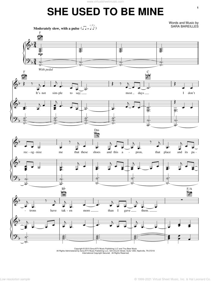 She Used To Be Mine (from Waitress The Musical) sheet music for voice, piano or guitar by Sara Bareilles, intermediate skill level