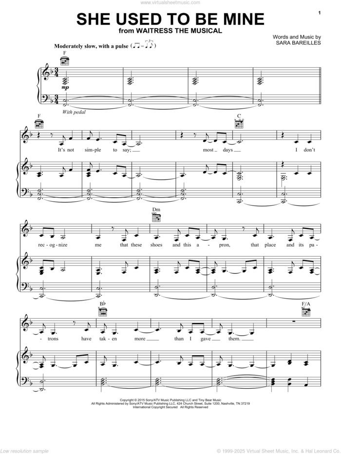 She Used To Be Mine (from Waitress The Musical) sheet music for voice, piano or guitar by Sara Bareilles, intermediate skill level