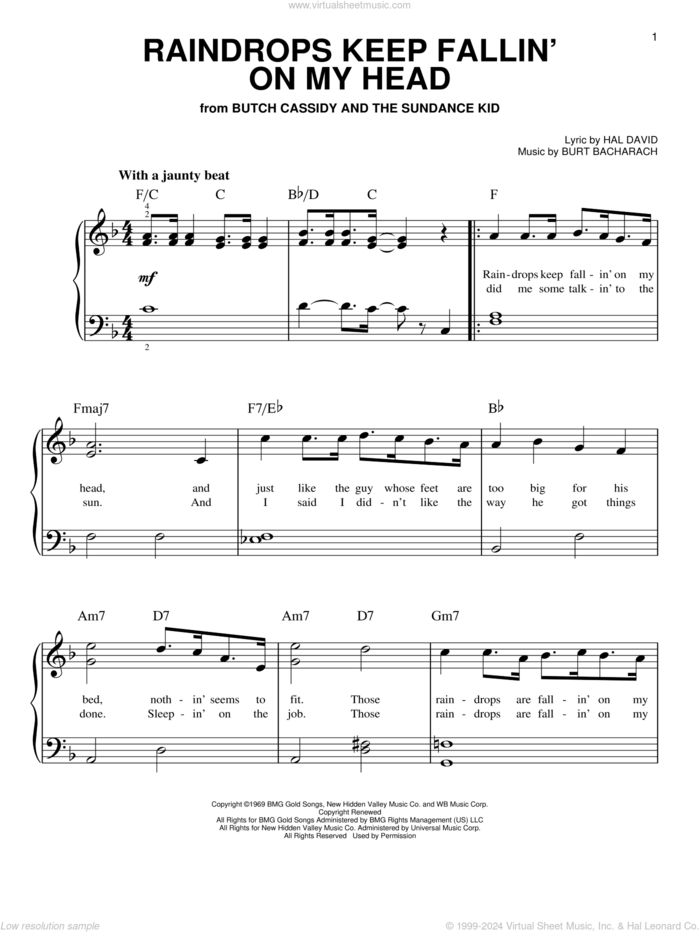 Raindrops Keep Fallin' On My Head sheet music for piano solo by Bacharach & David, B.J. Thomas, Burt Bacharach and Hal David, beginner skill level