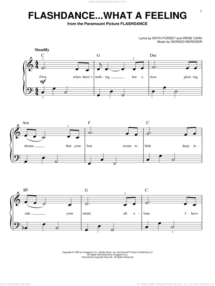 Flashdance...What A Feeling, (beginner) sheet music for piano solo by Irene Cara, Giorgio Moroder and Keith Forsey, beginner skill level