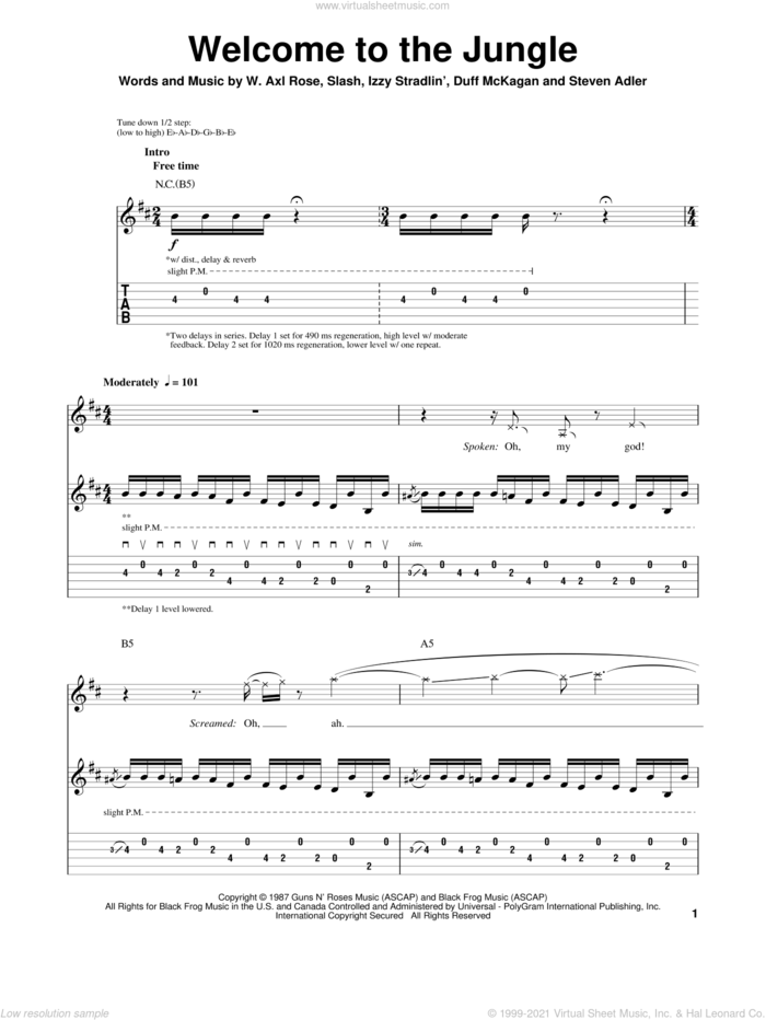Welcome To The Jungle sheet music for guitar (tablature, play-along) by Guns N' Roses, Axl Rose, Duff McKagan, Slash and Steven Adler, intermediate skill level