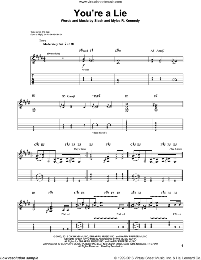 You're A Lie sheet music for guitar (tablature, play-along) by Slash and Myles R. Kennedy, intermediate skill level