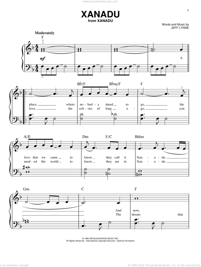 Xanadu sheet music for piano solo by Oliva Newton-John/Electric Light Orchestra and Jeff Lynne, beginner skill level
