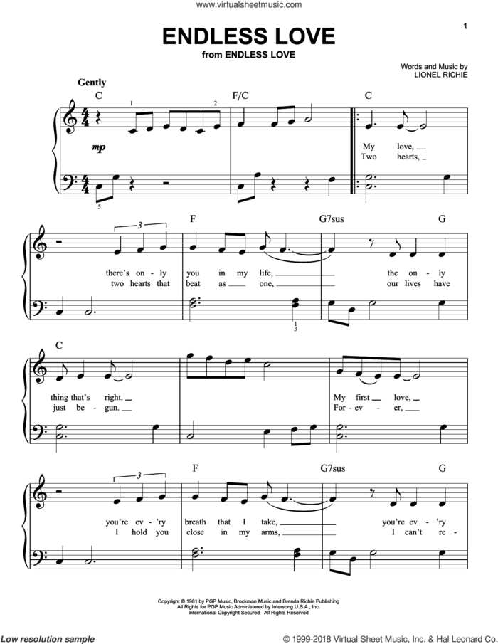 Endless Love, (beginner) sheet music for piano solo by Diana Ross & Lionel Richie and Lionel Richie feat. Shania Twain, Luther Vandross & Mariah Carey and Lionel Richie, wedding score, beginner skill level