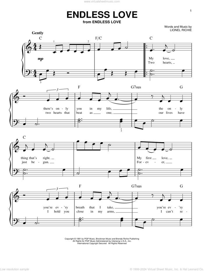 Endless Love, (beginner) sheet music for piano solo by Diana Ross & Lionel Richie and Lionel Richie feat. Shania Twain, Luther Vandross & Mariah Carey and Lionel Richie, wedding score, beginner skill level