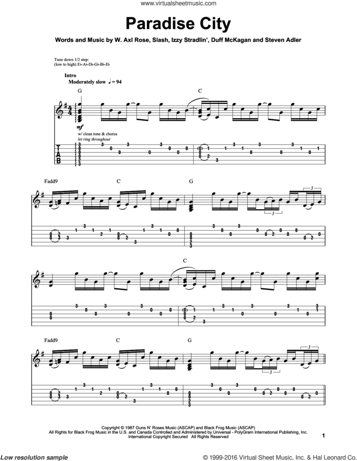 Paradise City sheet music for guitar (tablature, play-along) by Guns N' Roses, Axl Rose, Duff McKagan, Slash and Steven Adler, intermediate skill level