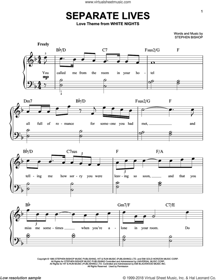 Separate Lives sheet music for piano solo by Phil Collins & Marilyn Martin and Stephen Bishop, beginner skill level