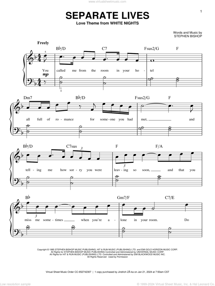 Separate Lives sheet music for piano solo by Phil Collins & Marilyn Martin and Stephen Bishop, beginner skill level