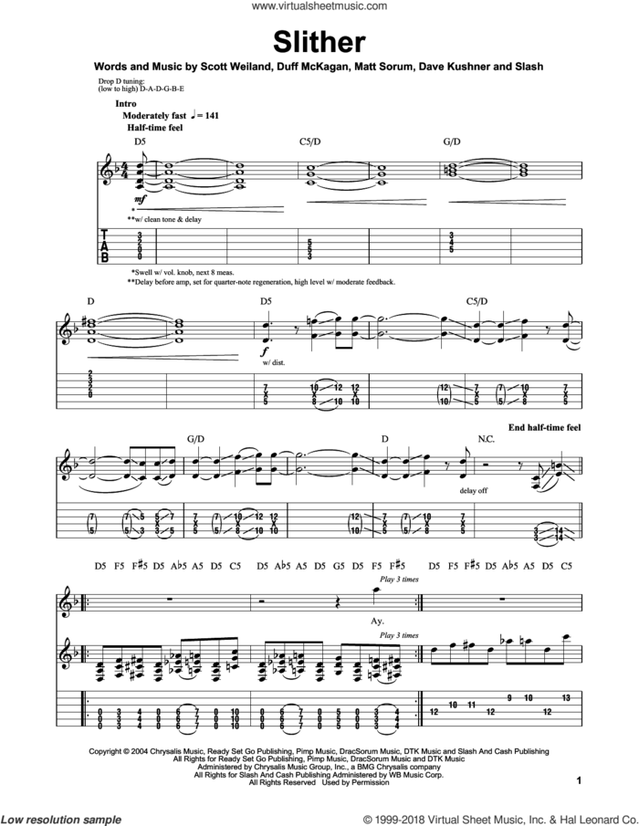 Slither sheet music for guitar (tablature, play-along) by Velvet Revolver, Dave Kushner, Duff McKagan, Matt Sorum, Scott Weiland and Slash, intermediate skill level