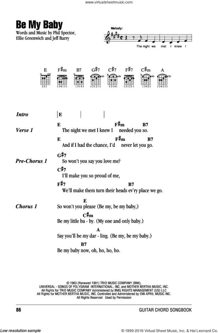 Be My Baby sheet music for guitar (chords) by Ronettes, Andy Kim, Michael Buble, Ellie Greenwich, Jeff Barry and Phil Spector, intermediate skill level