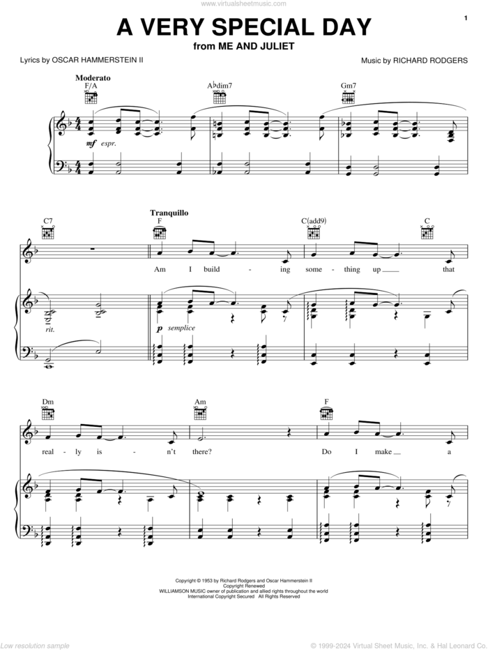 A Very Special Day sheet music for voice, piano or guitar by Rodgers & Hammerstein, Me And Juliet (Musical), Oscar II Hammerstein and Richard Rodgers, intermediate skill level