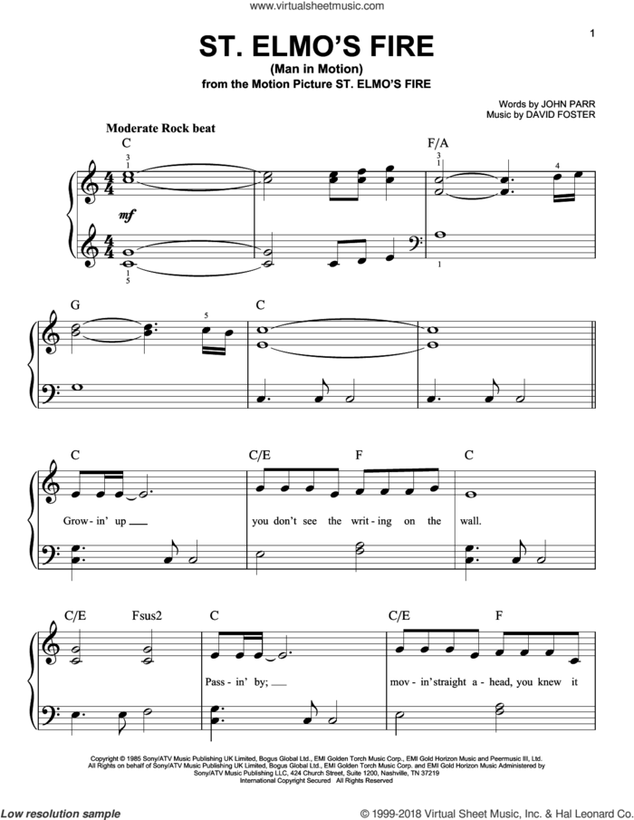 St. Elmo's Fire (Man In Motion) sheet music for piano solo by John Parr and David Foster, beginner skill level