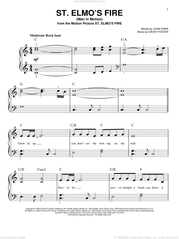 St. Elmo's Fire (Man In Motion) sheet music for piano solo by John Parr and David Foster, beginner skill level