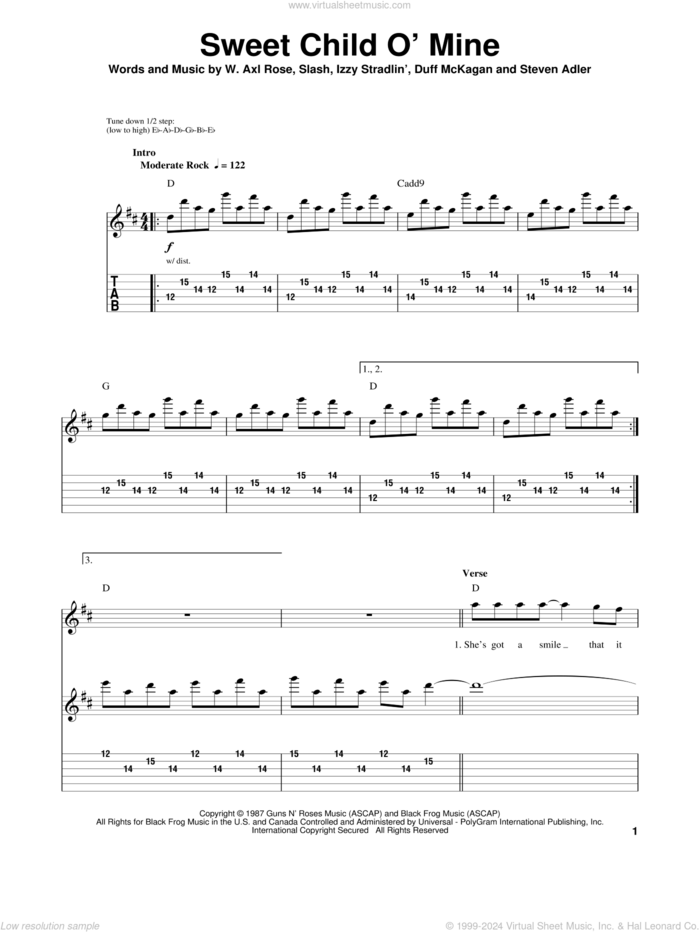 Sweet Child O' Mine sheet music for guitar (tablature, play-along) by Guns N' Roses, Axl Rose, Duff McKagan, Slash and Steven Adler, intermediate skill level