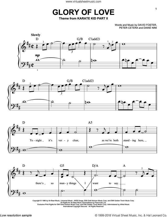 Glory Of Love, (beginner) sheet music for piano solo by Peter Cetera, David Foster and Diane Nini, beginner skill level